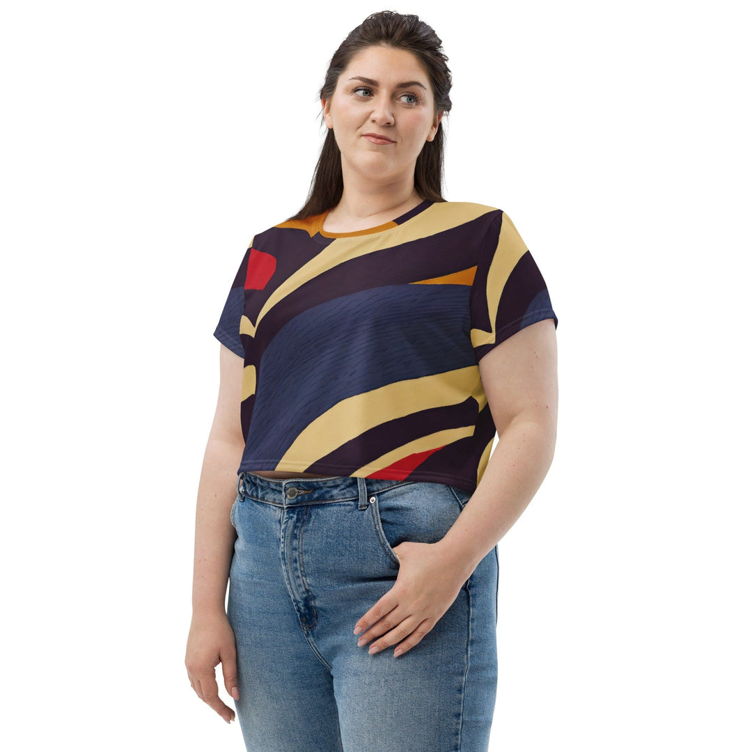 Womens Stretch Fit Crop Tee T-shirt Jersey - Brown Red Blue Colorblock Lines