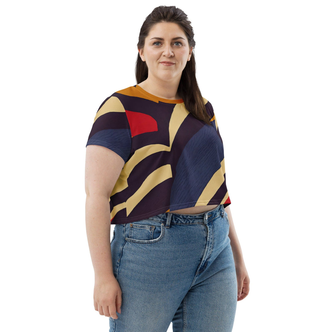 Womens Stretch Fit Crop Tee T-shirt Jersey - Brown Red Blue Colorblock Lines