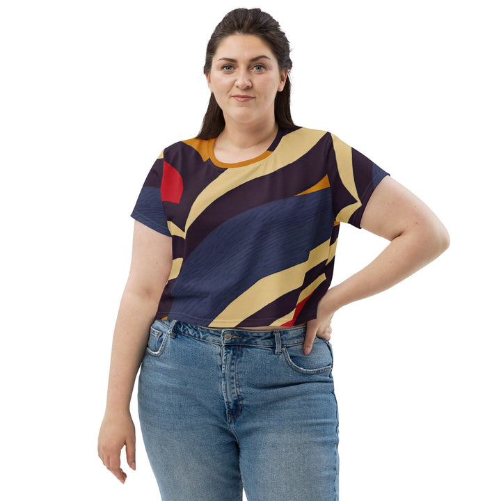 Womens Stretch Fit Crop Tee T-shirt Jersey - Brown Red Blue Colorblock Lines