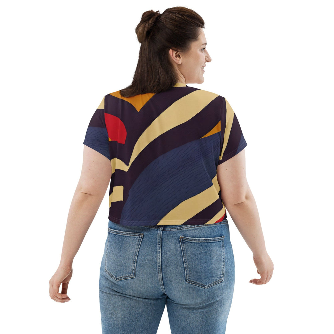 Womens Stretch Fit Crop Tee T-shirt Jersey - Brown Red Blue Colorblock Lines