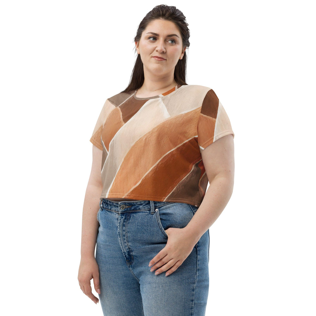 Womens Stretch Fit Crop Tee T-shirt Jersey - Brown Rustic Watercolors Print