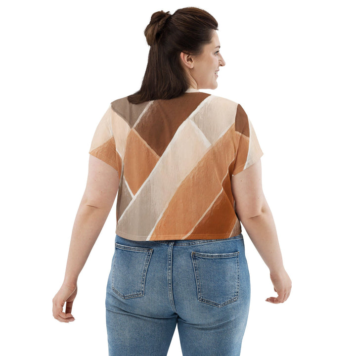 Womens Stretch Fit Crop Tee T-shirt Jersey - Brown Rustic Watercolors Print
