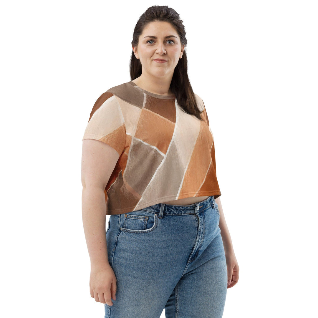 Womens Stretch Fit Crop Tee T-shirt Jersey - Brown Rustic Watercolors Print