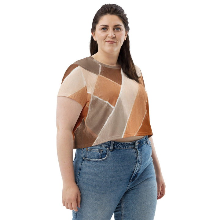 Womens Stretch Fit Crop Tee T-shirt Jersey - Brown Rustic Watercolors Print