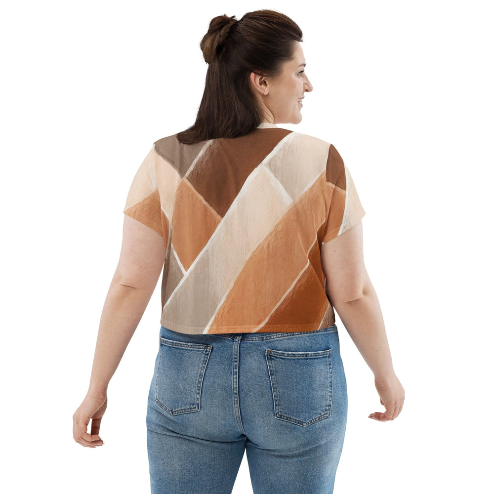 Womens Stretch Fit Crop Tee T-shirt Jersey - Brown Rustic Watercolors Print