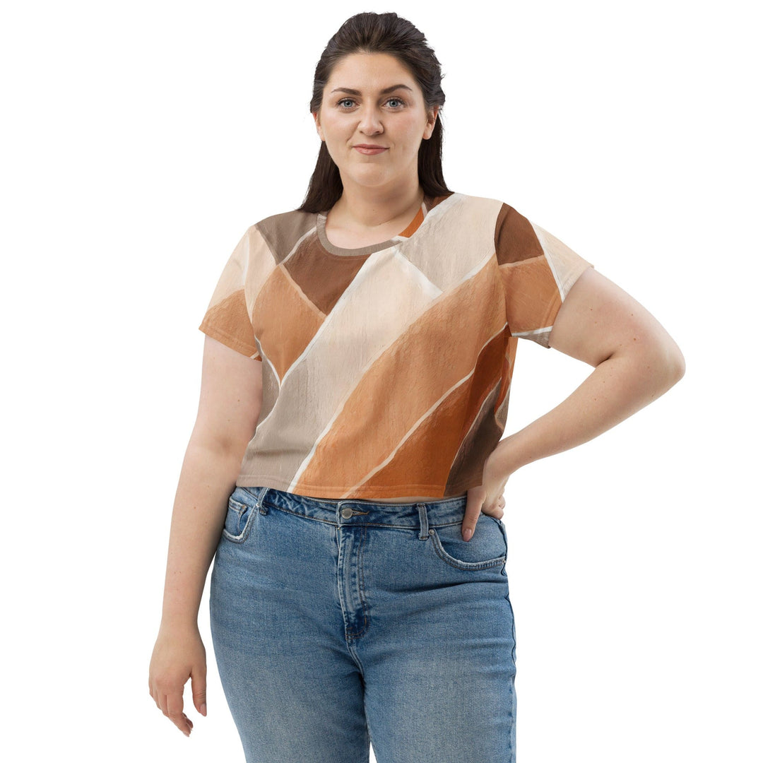 Womens Stretch Fit Crop Tee T-shirt Jersey - Brown Rustic Watercolors Print