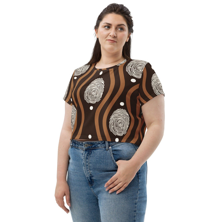 Womens Stretch Fit Crop Tee T-shirt Jersey - Brown White Geometric Lines