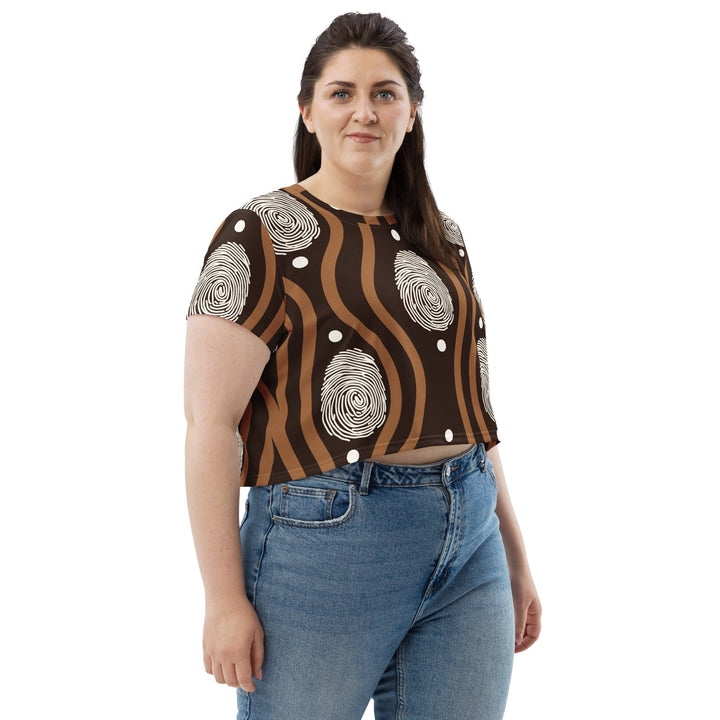 Womens Stretch Fit Crop Tee T-shirt Jersey - Brown White Geometric Lines