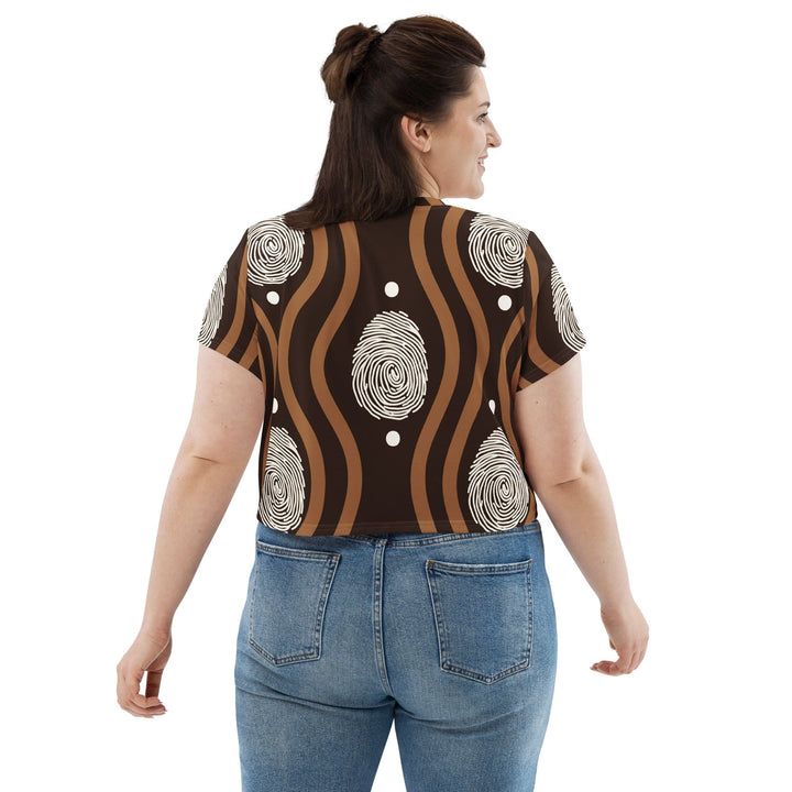 Womens Stretch Fit Crop Tee T-shirt Jersey - Brown White Geometric Lines