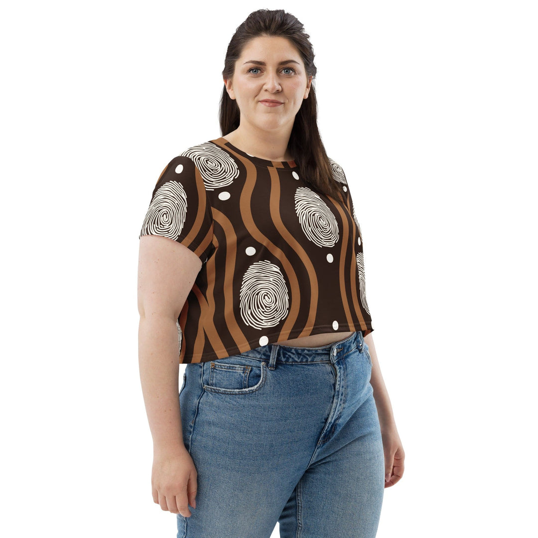Womens Stretch Fit Crop Tee T-shirt Jersey - Brown White Geometric Lines