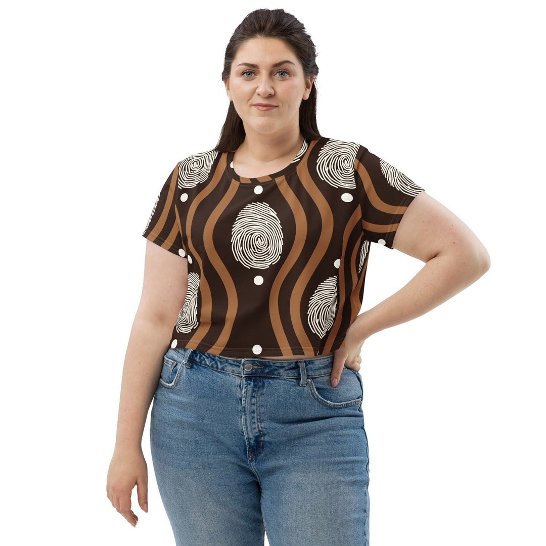 Womens Stretch Fit Crop Tee T-shirt Jersey Brown White Geometric Lines