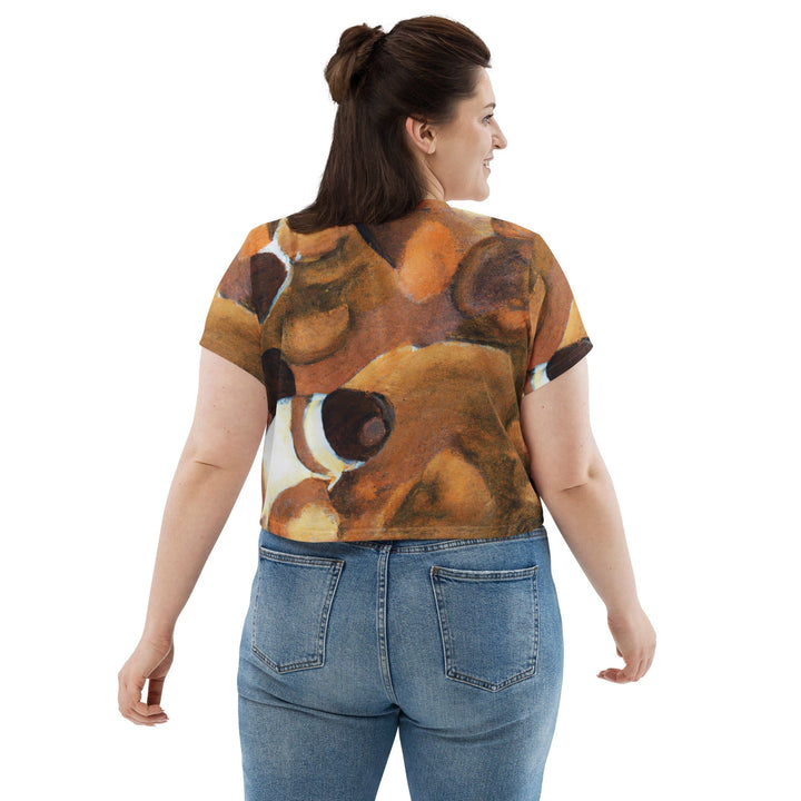 Womens Stretch Fit Crop Tee T-shirt Jersey - Brown White Stone Pattern