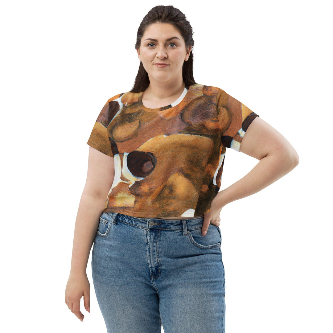 Womens Stretch Fit Crop Tee T-shirt Jersey - Brown White Stone Pattern