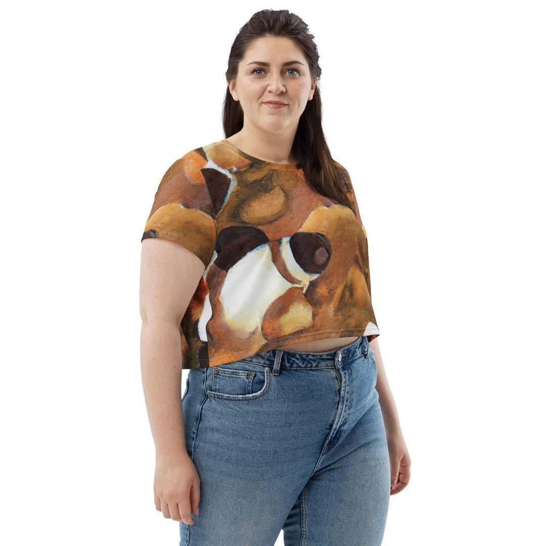 Womens Stretch Fit Crop Tee T-shirt Jersey - Brown White Stone Pattern