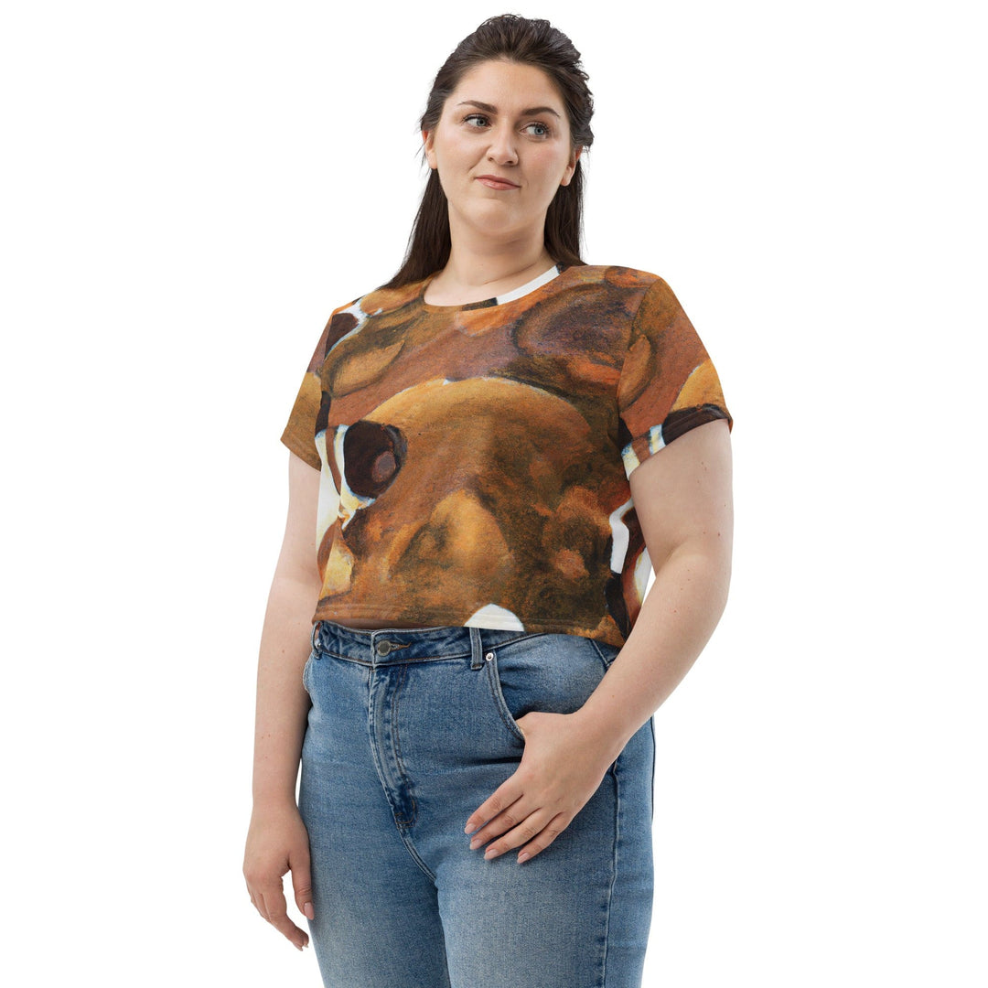 Womens Stretch Fit Crop Tee T-shirt Jersey - Brown White Stone Pattern