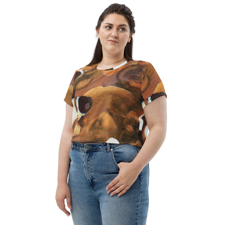 Womens Stretch Fit Crop Tee T-shirt Jersey - Brown White Stone Pattern