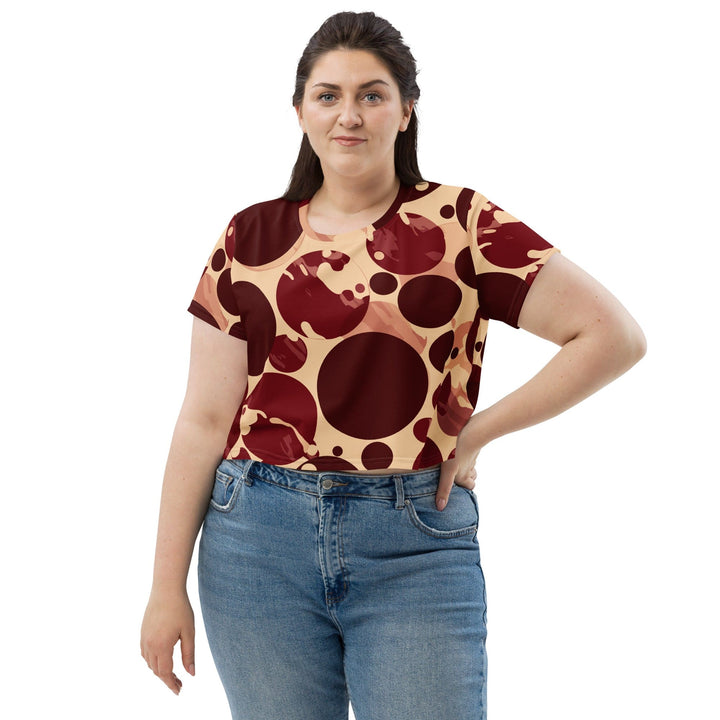 Womens Stretch Fit Crop Tee T-shirt Jersey - Burgundy Beige Circular Print