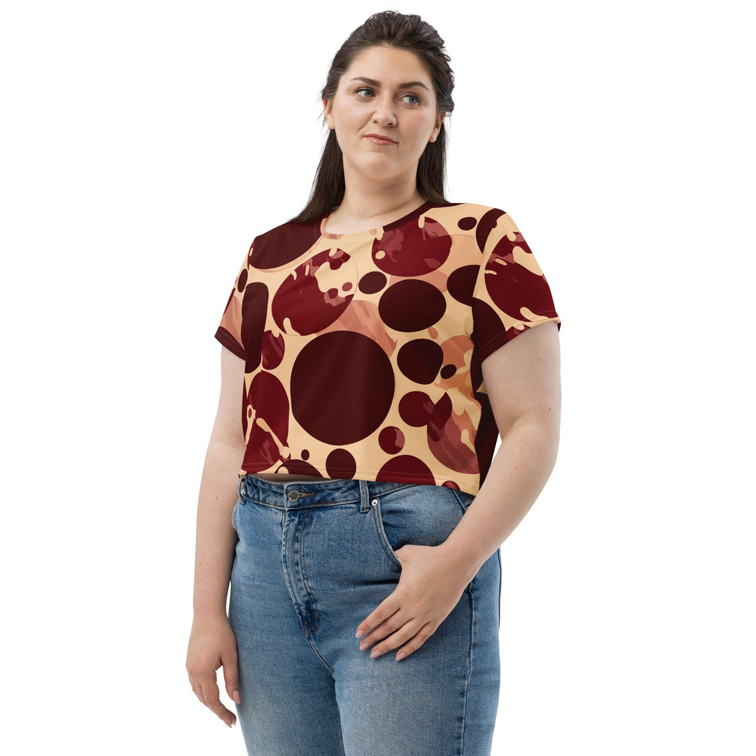 Womens Stretch Fit Crop Tee T-shirt Jersey - Burgundy Beige Circular Print