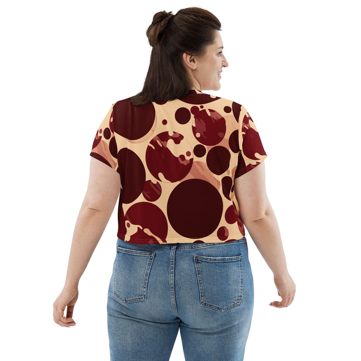 Womens Stretch Fit Crop Tee T-shirt Jersey - Burgundy Beige Circular Print