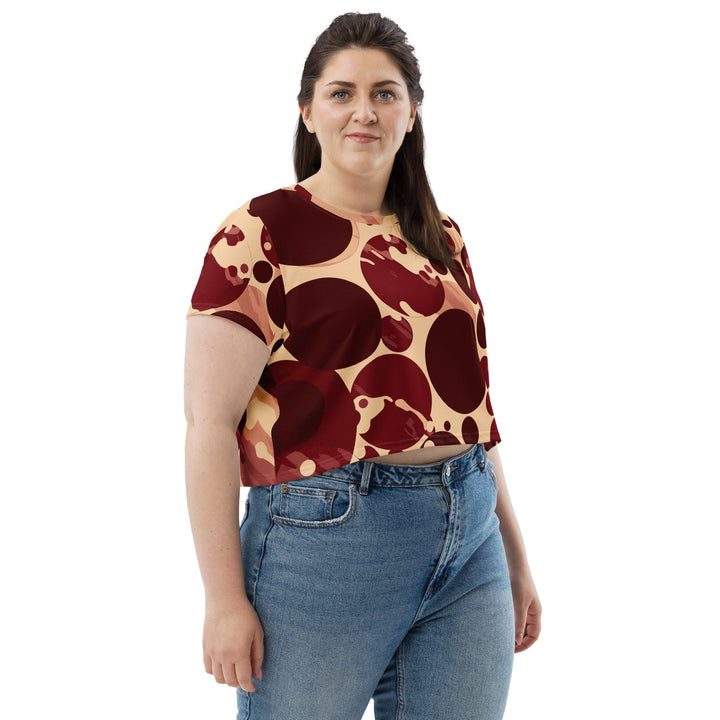 Womens Stretch Fit Crop Tee T-shirt Jersey - Burgundy Beige Circular Print
