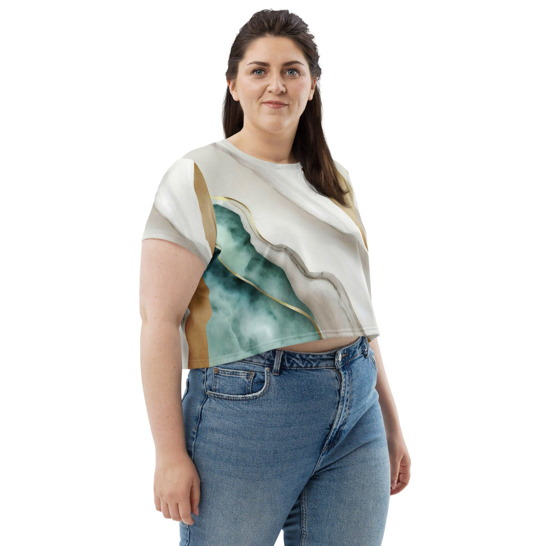 Womens Stretch Fit Crop Tee T-shirt Jersey - Cream White Green Marbled Print