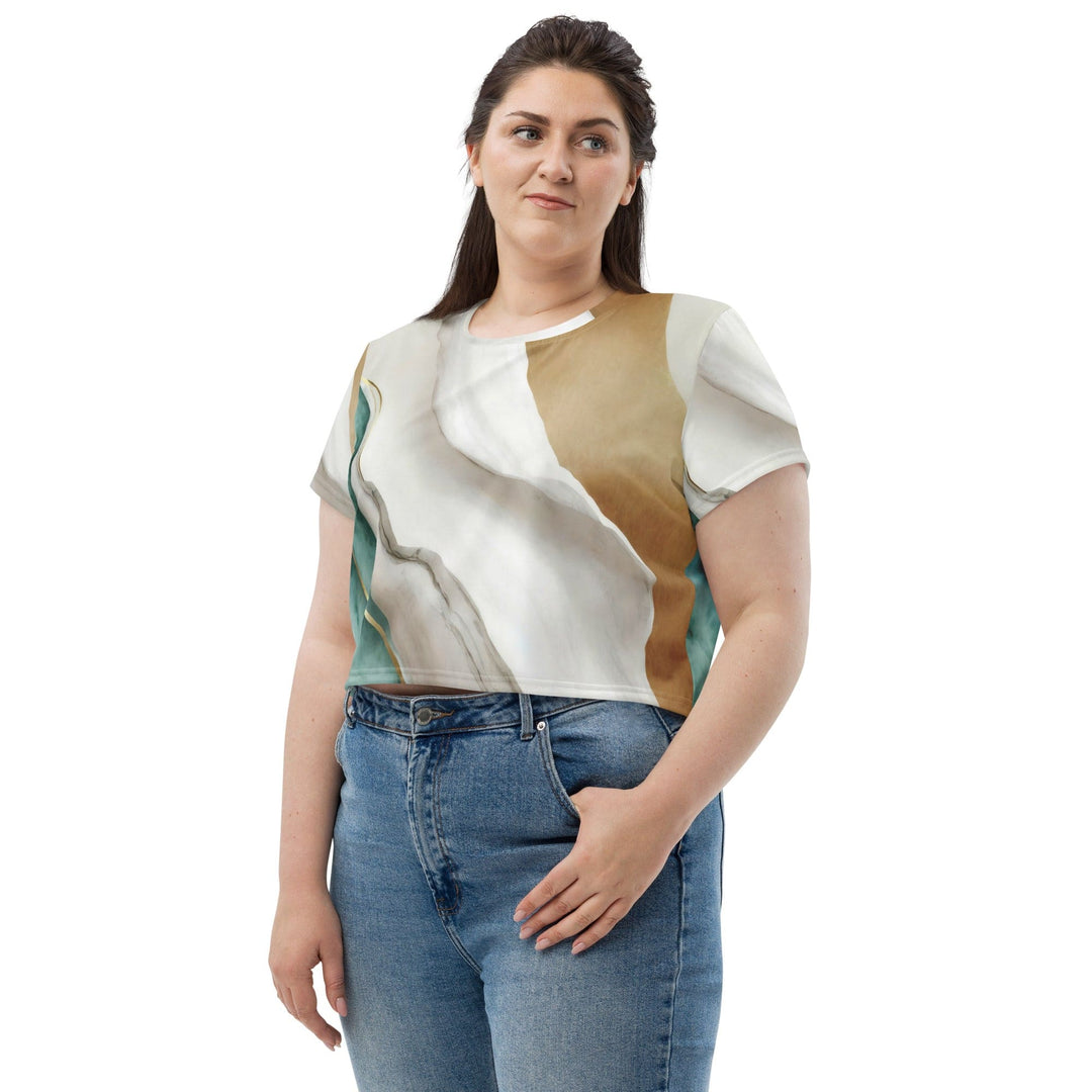 Womens Stretch Fit Crop Tee T-shirt Jersey - Cream White Green Marbled Print