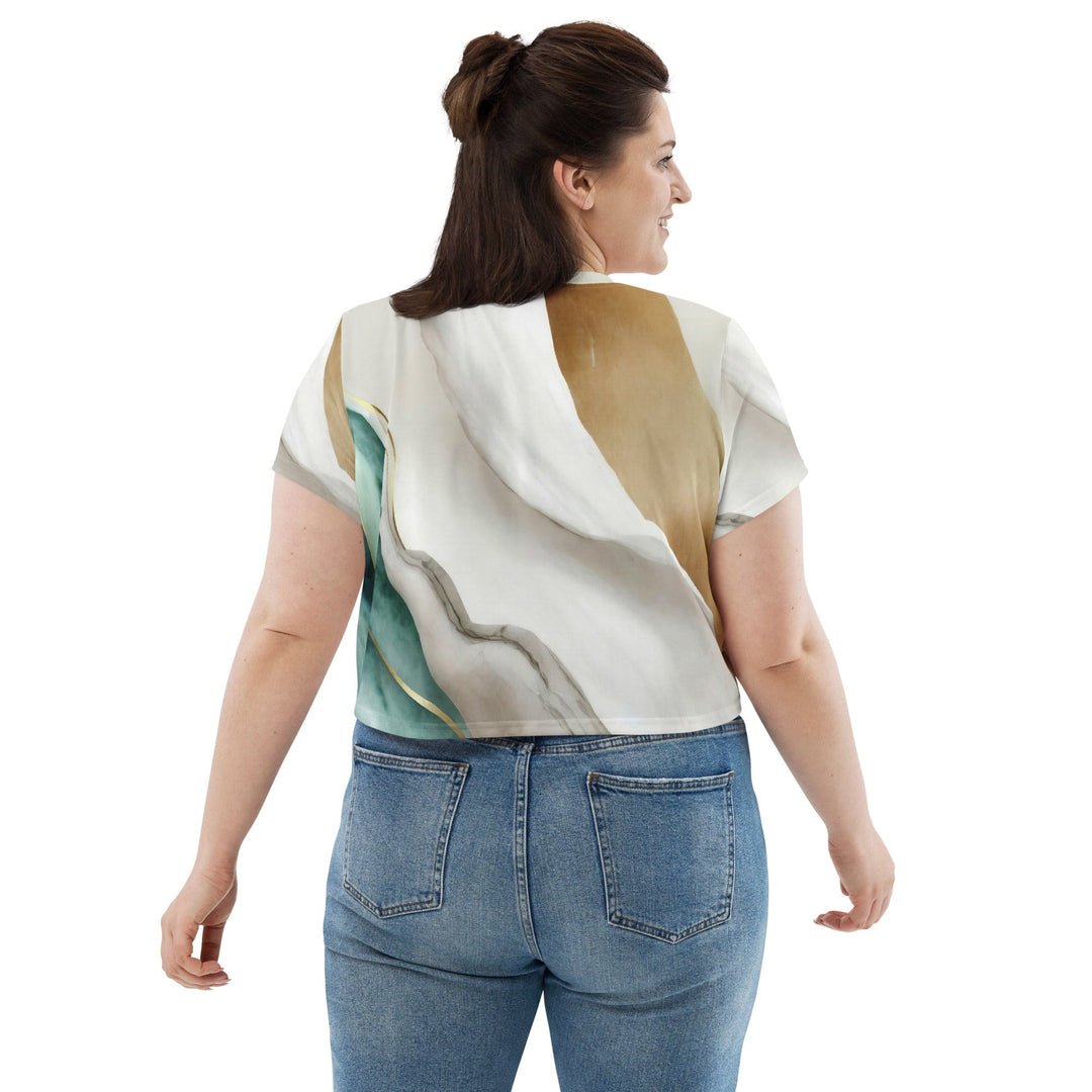 Womens Stretch Fit Crop Tee T-shirt Jersey - Cream White Green Marbled Print