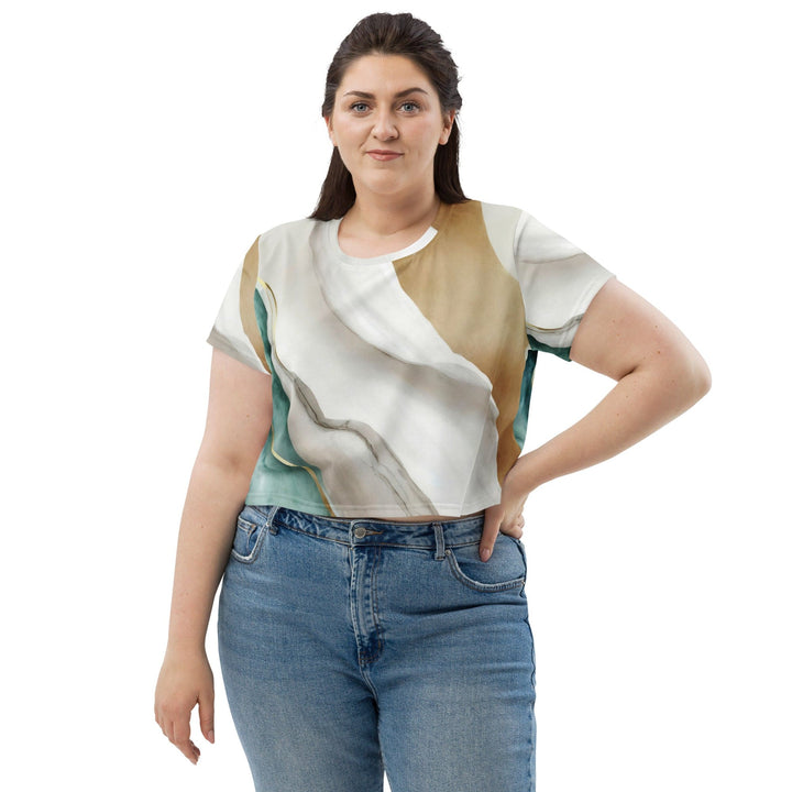 Womens Stretch Fit Crop Tee T-shirt Jersey - Cream White Green Marbled Print