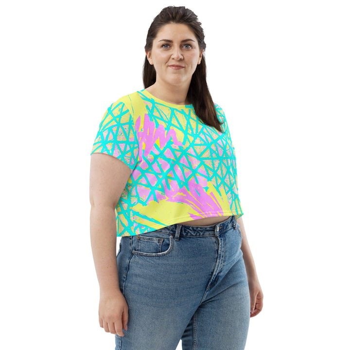 Womens Stretch Fit Crop Tee T-shirt Jersey - Cyan Blue Lime Green and Pink