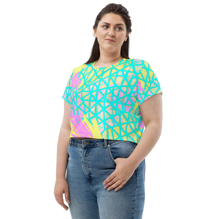 Womens Stretch Fit Crop Tee T-shirt Jersey - Cyan Blue Lime Green and Pink