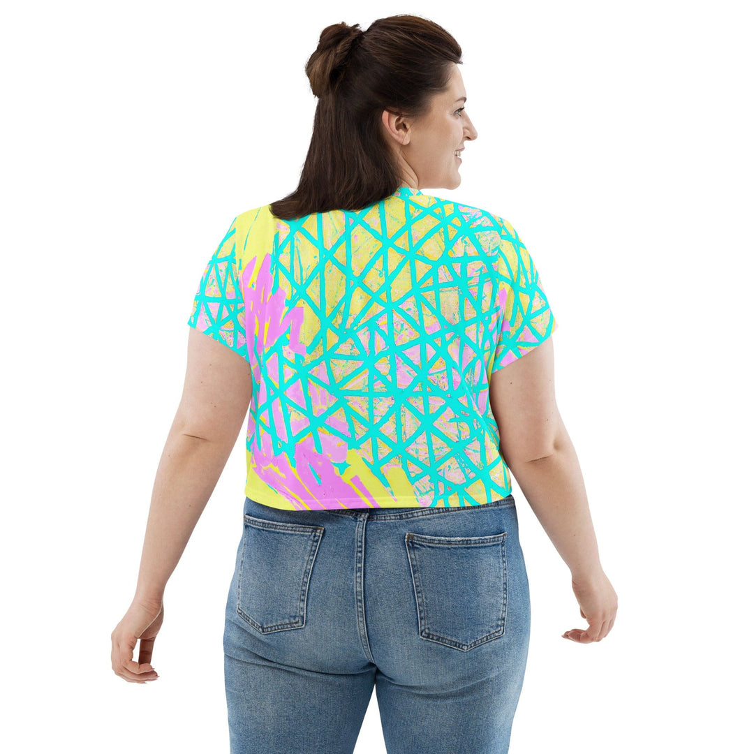Womens Stretch Fit Crop Tee T-shirt Jersey - Cyan Blue Lime Green and Pink
