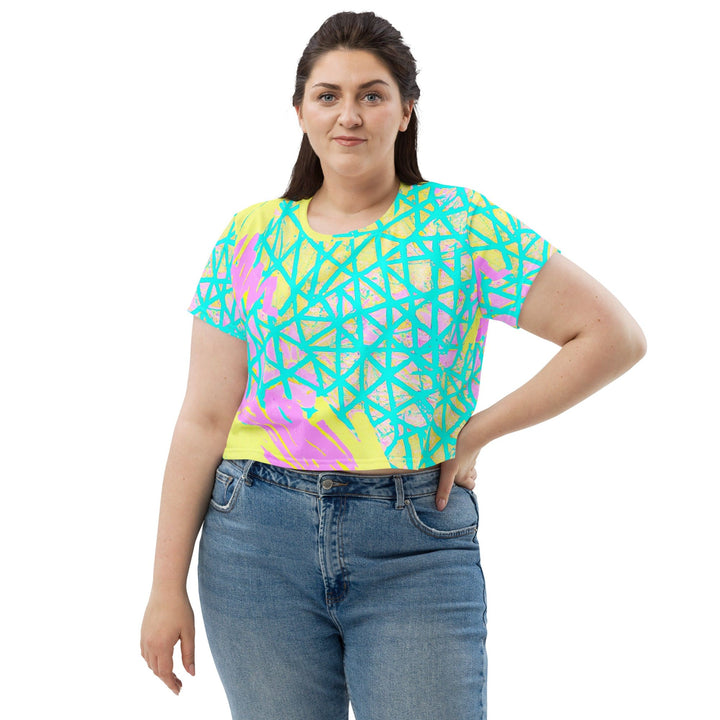 Womens Stretch Fit Crop Tee T-shirt Jersey - Cyan Blue Lime Green and Pink