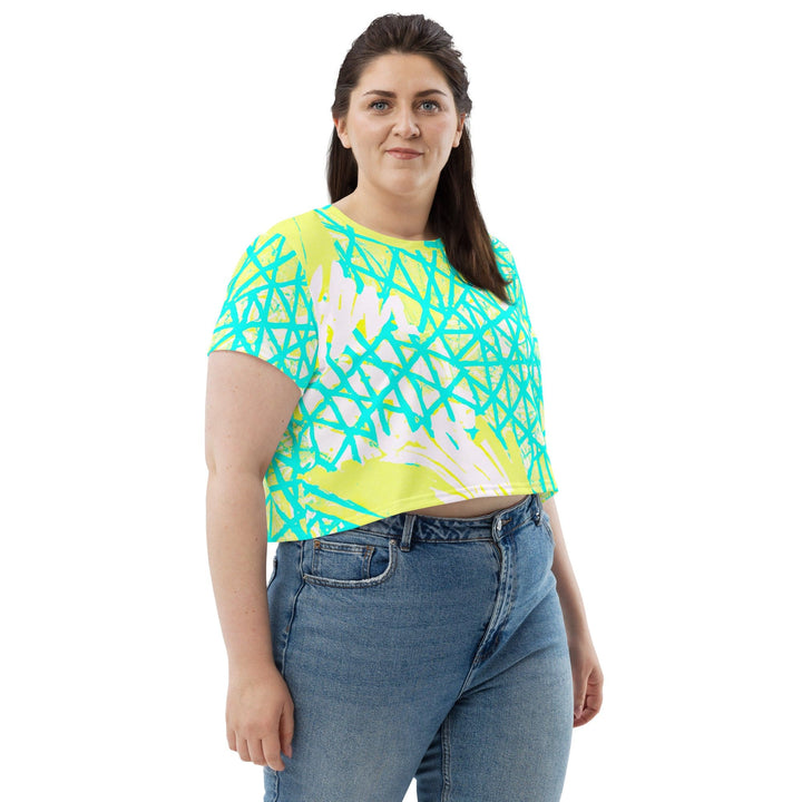 Womens Stretch Fit Crop Tee T-shirt Jersey - Cyan Blue Lime Green and White