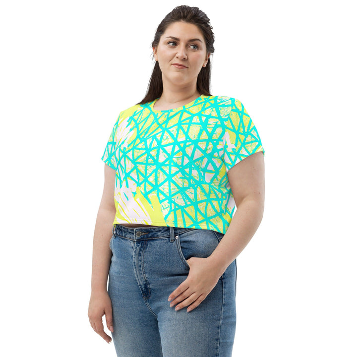 Womens Stretch Fit Crop Tee T-shirt Jersey - Cyan Blue Lime Green and White