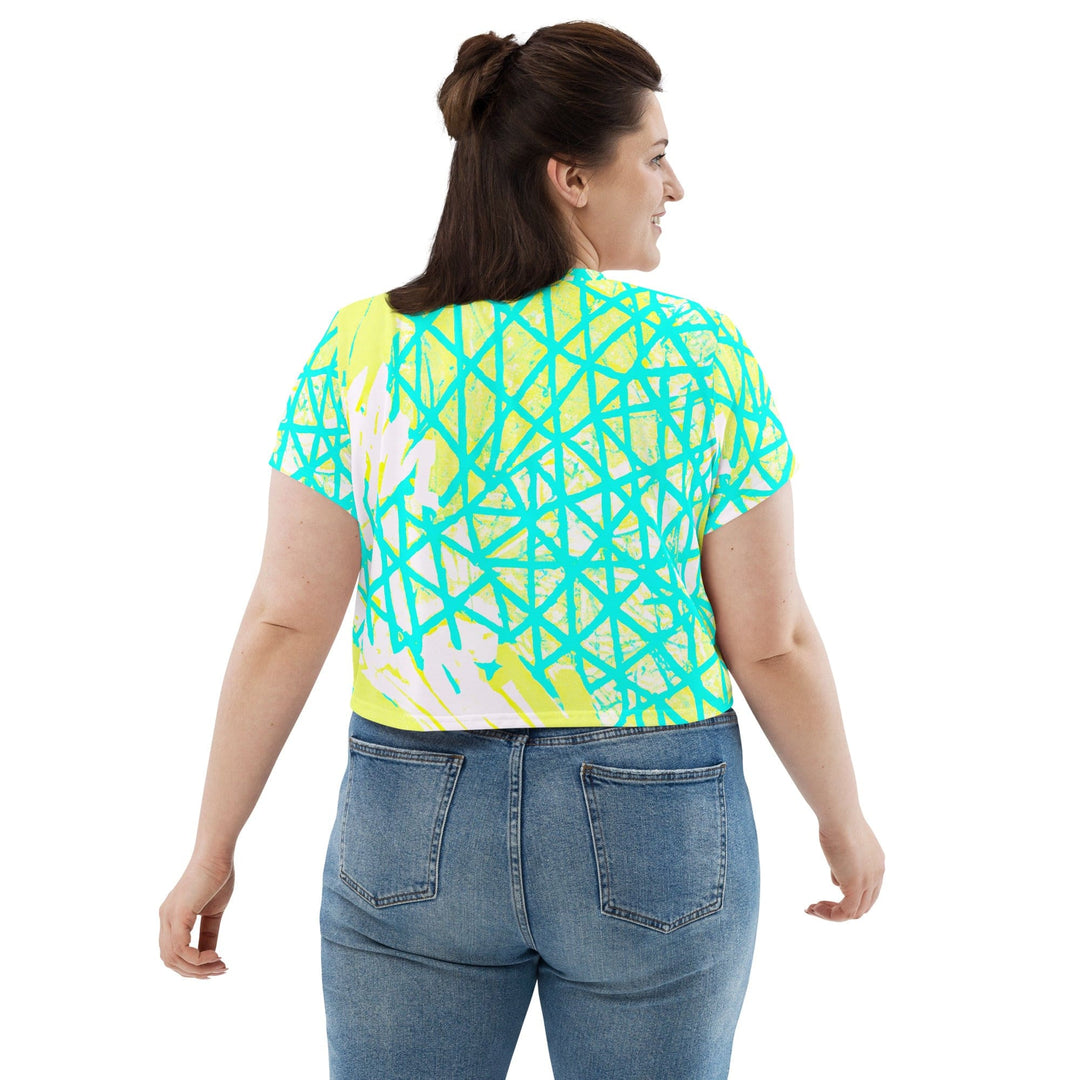 Womens Stretch Fit Crop Tee T-shirt Jersey - Cyan Blue Lime Green and White