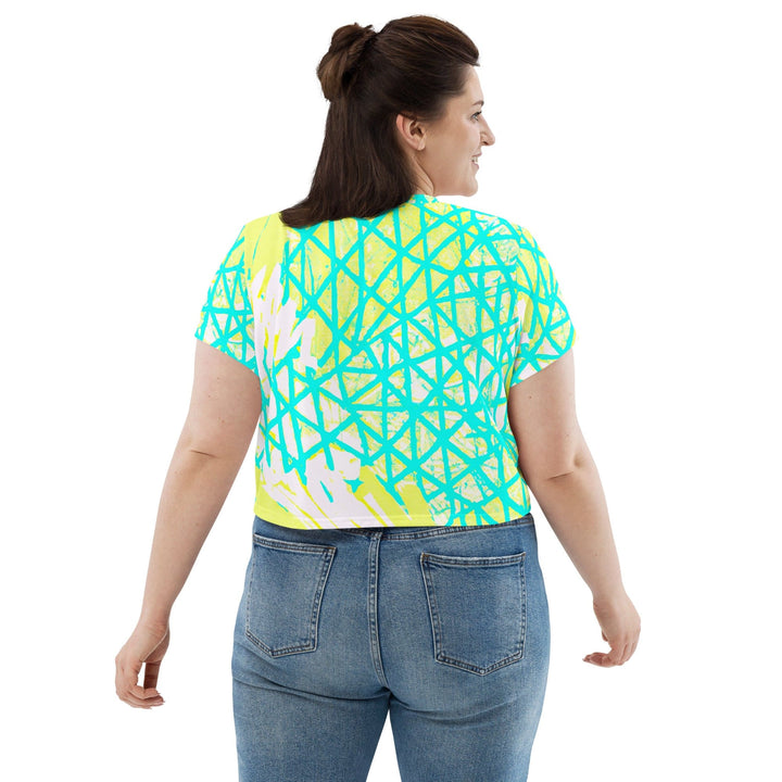 Womens Stretch Fit Crop Tee T-shirt Jersey - Cyan Blue Lime Green and White