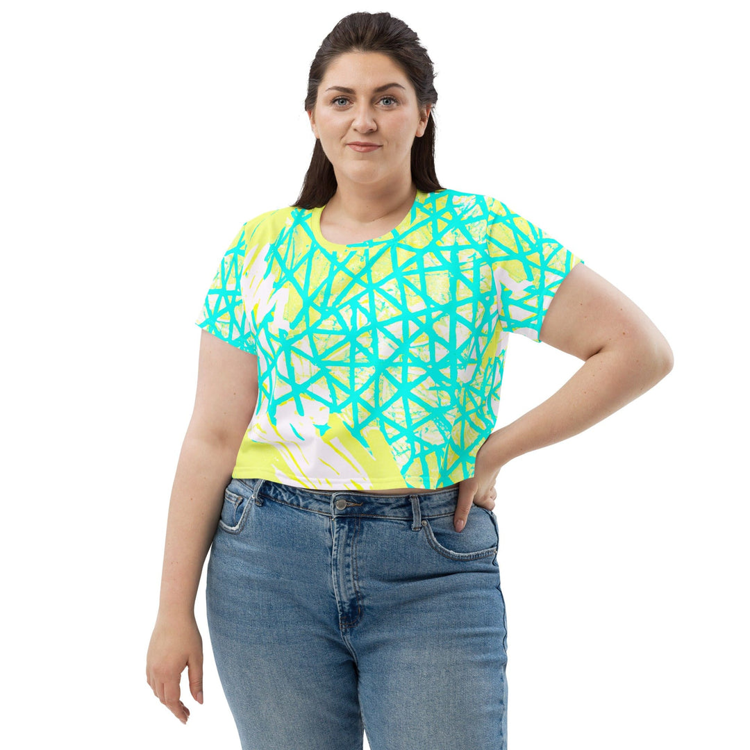 Womens Stretch Fit Crop Tee T-shirt Jersey - Cyan Blue Lime Green and White