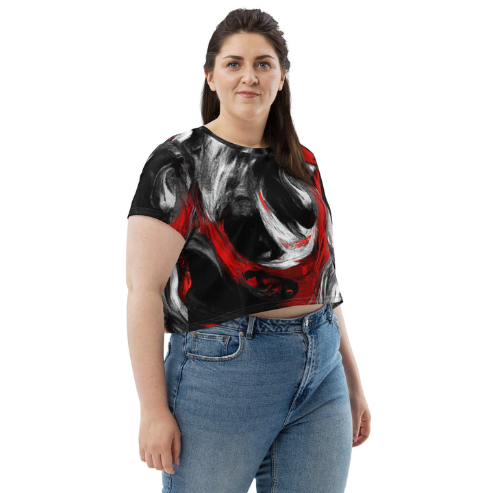 Womens Stretch Fit Crop Tee T-shirt Jersey - Decorative Black Red White