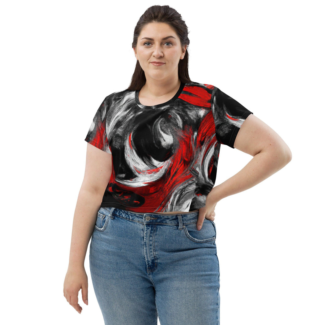 Womens Stretch Fit Crop Tee T-shirt Jersey - Decorative Black Red White