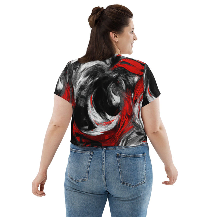 Womens Stretch Fit Crop Tee T-shirt Jersey - Decorative Black Red White