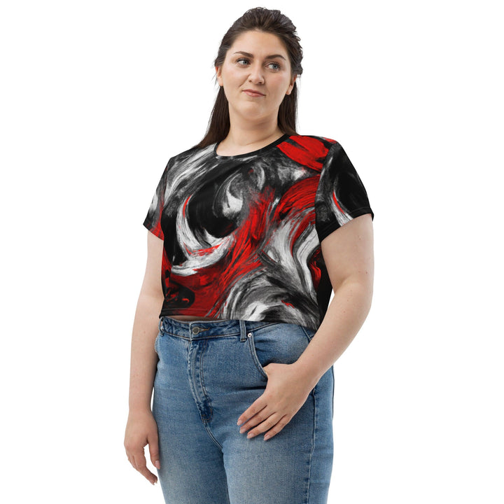 Womens Stretch Fit Crop Tee T-shirt Jersey - Decorative Black Red White