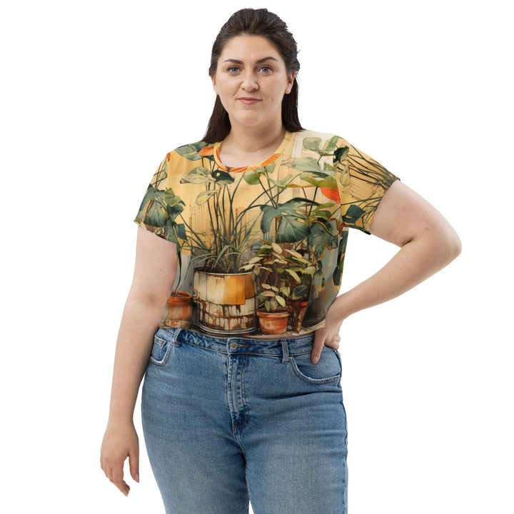 Womens Stretch Fit Crop Tee T-shirt Jersey - Earthy Rustic Potted Plants Print