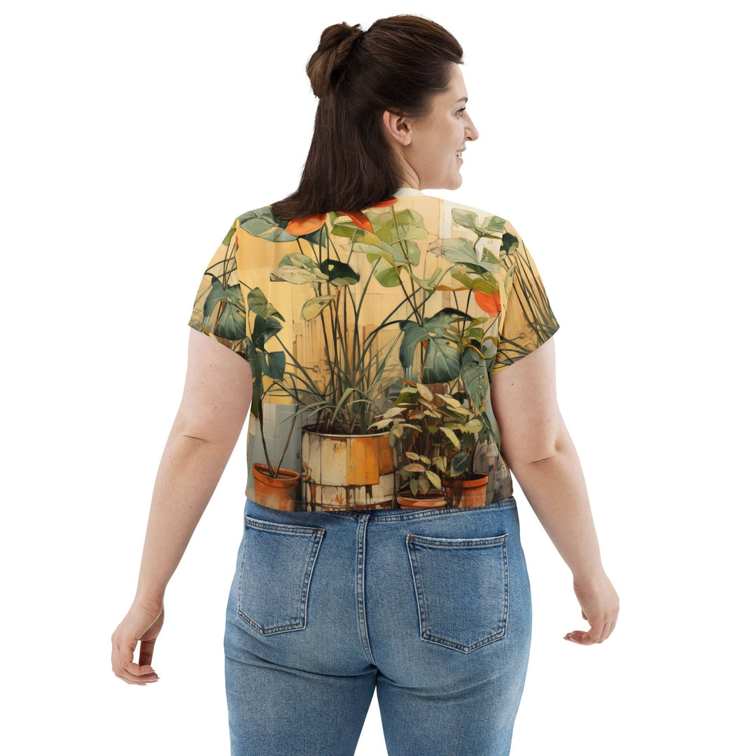Womens Stretch Fit Crop Tee T-shirt Jersey - Earthy Rustic Potted Plants Print