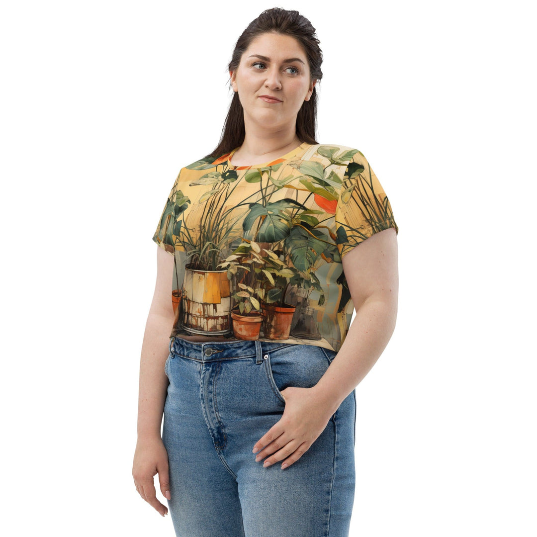 Womens Stretch Fit Crop Tee T-shirt Jersey - Earthy Rustic Potted Plants Print