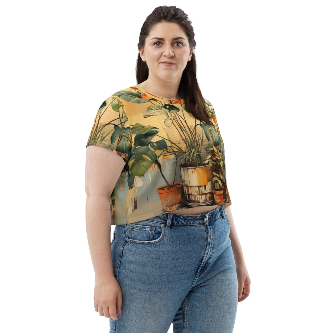 Womens Stretch Fit Crop Tee T-shirt Jersey - Earthy Rustic Potted Plants Print