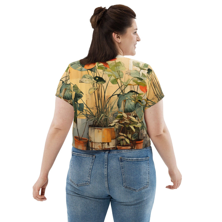 Womens Stretch Fit Crop Tee T-shirt Jersey - Earthy Rustic Potted Plants Print