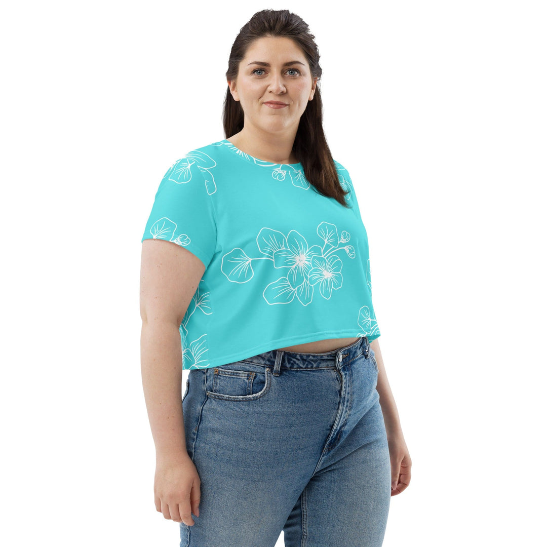 Womens Stretch Fit Crop Tee T-shirt Jersey - Floral Cyan Blue 7022523