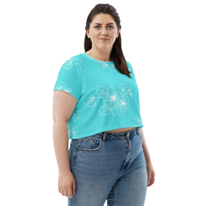 Womens Stretch Fit Crop Tee T-shirt Jersey - Floral Cyan Blue 7022523