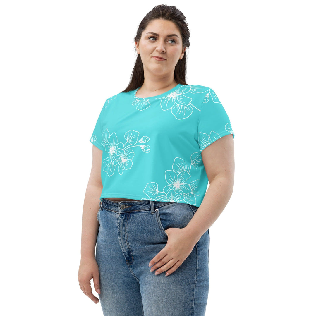 Womens Stretch Fit Crop Tee T-shirt Jersey - Floral Cyan Blue 7022523