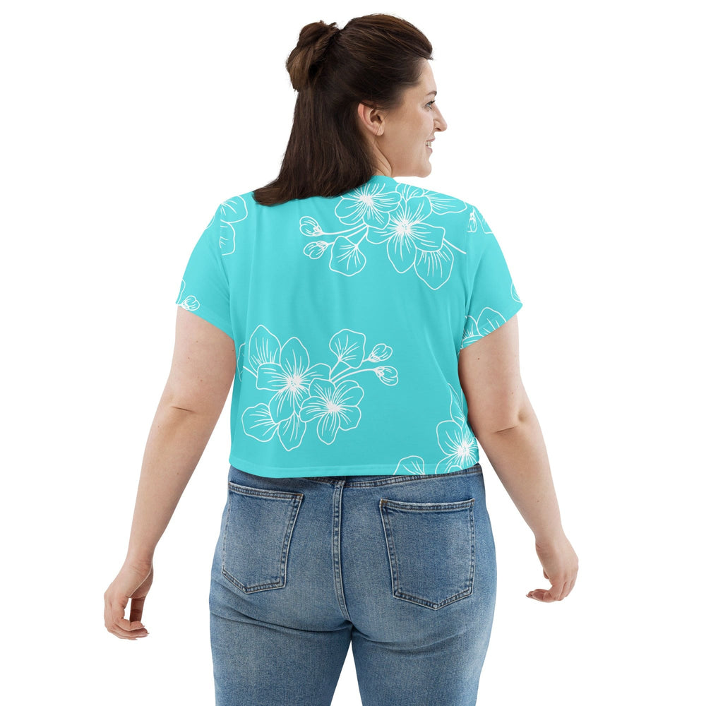 Womens Stretch Fit Crop Tee T-shirt Jersey - Floral Cyan Blue 7022523
